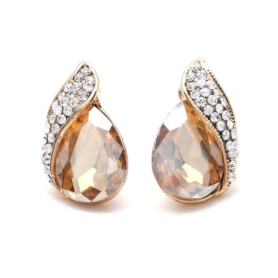 Champagne Crystal Diamante Teardrop Gold-tone Clip On Earrings