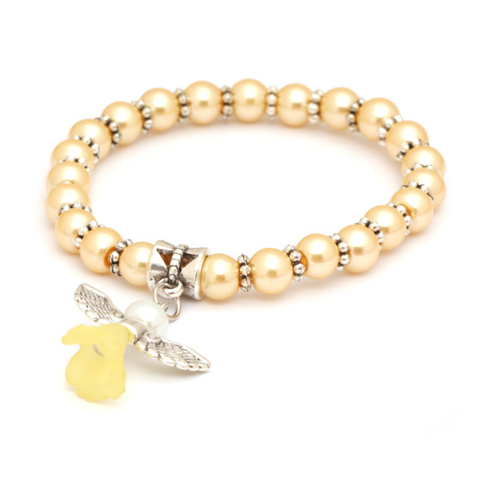 Lovely Bridal Champagne Yellow Glass Pearl Beads Stretchy Bracelet for Kids with Angel Charm