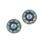 Blue and red geometric flower printed glass round button clip-on earrings